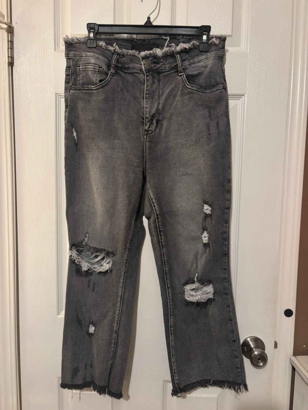 Frayed Waist Straight Leg Women's Jeans in Washed Black